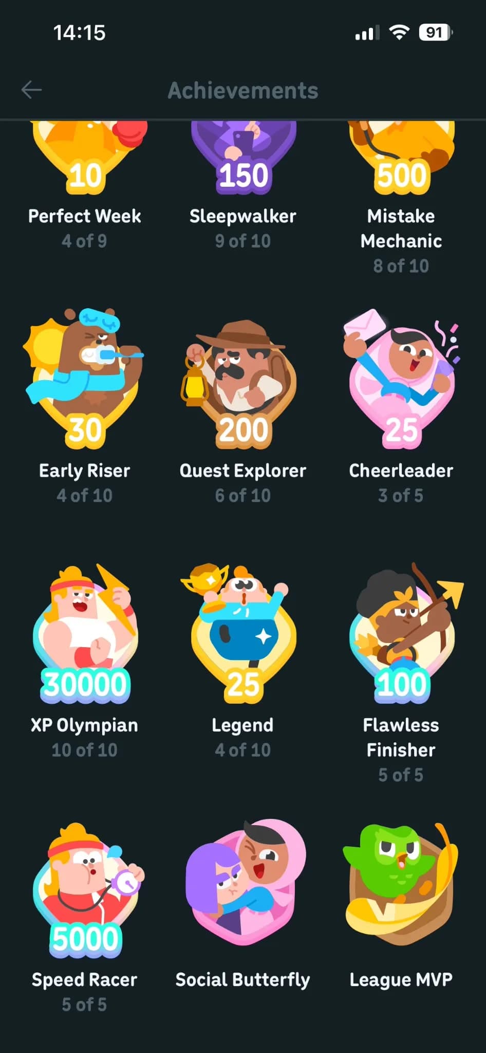 My Duolingo awards: Perfect Week, Sleepwalker, Mistake Mechanic, Early Riser, Quest Explorer, Cheerleader, XP Olympian at 30,000, Legend, Flawless Finisher, Speed Racer, Social Butterfly and League MVP