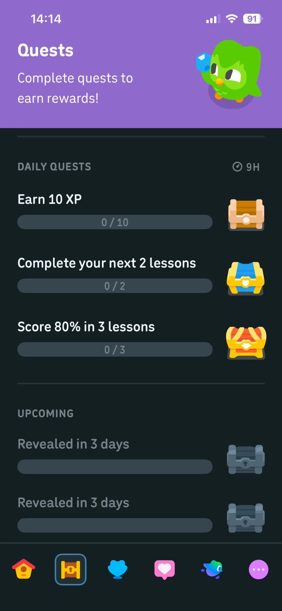 Duolingo daily quests: earn 10 XP, complete your next 2 lessons, score 80 percent in 3 lessons, each with a treasure chest reward, and more quests revealed in 3 days