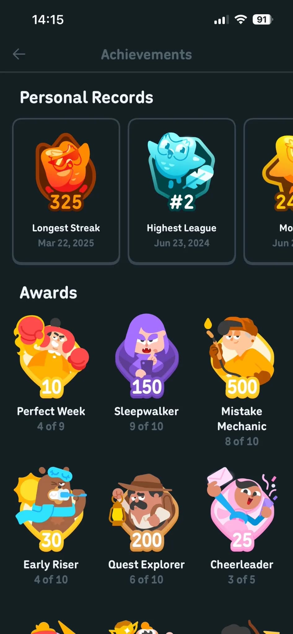 My Duolingo Achievements screen: personal records for a longest streak of 325 days on March 22, 2025 and a highest league place of number 2, with awards like Perfect Week and Early Riser below