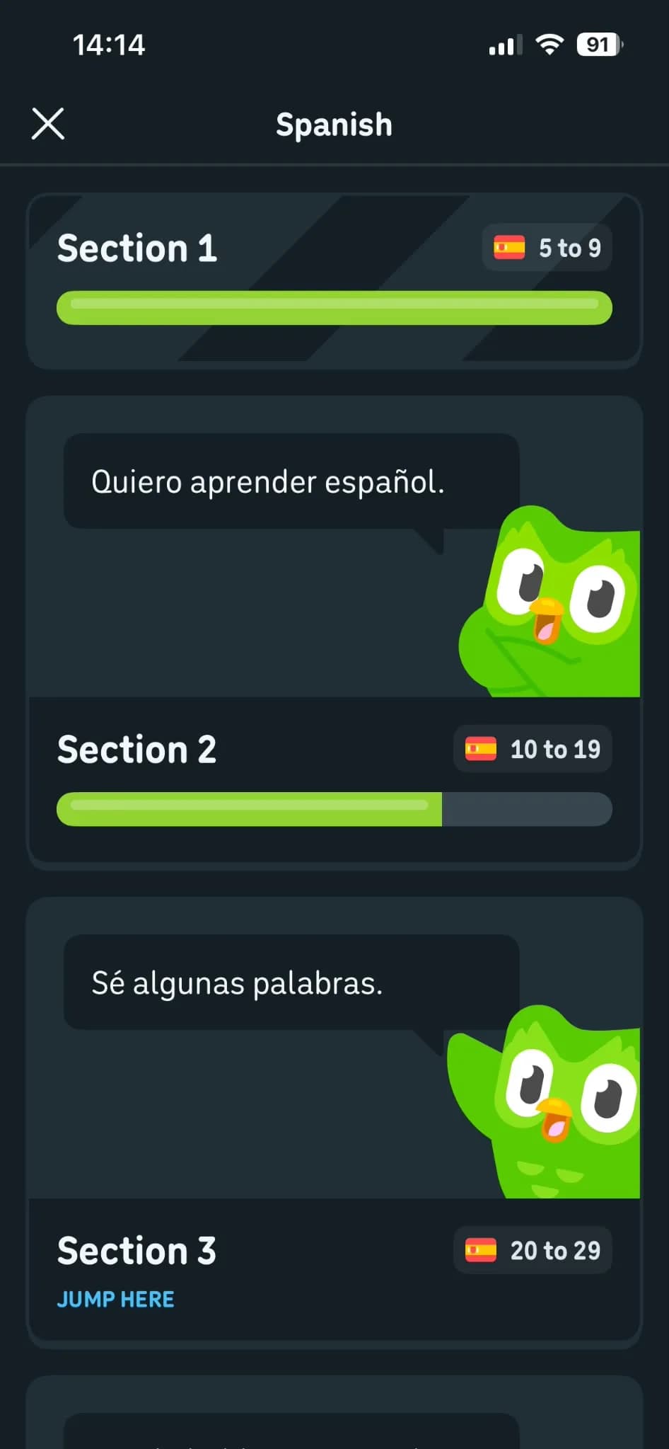 Duolingo Spanish course overview: Section 1 complete with a score range of 5 to 9, Section 2 partly done with 10 to 19, and Section 3 with 20 to 29 and a Jump here button