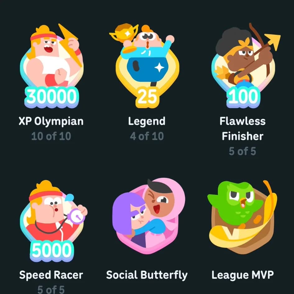 My Duolingo awards: XP Olympian at 30,000 XP, tier 10 of 10, next to Legend, Flawless Finisher, Speed Racer, Social Butterfly and League MVP