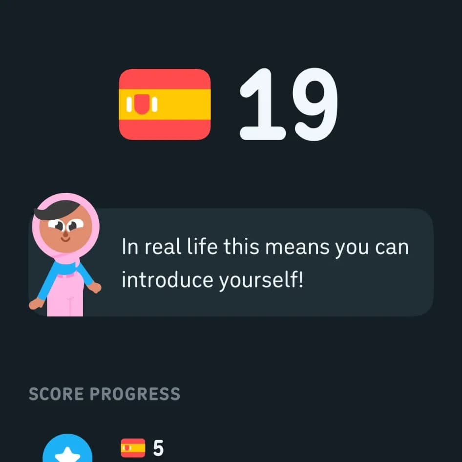 My Duolingo Spanish Score screen showing 19 next to the Spanish flag, with the line 'In real life this means you can introduce yourself!'
