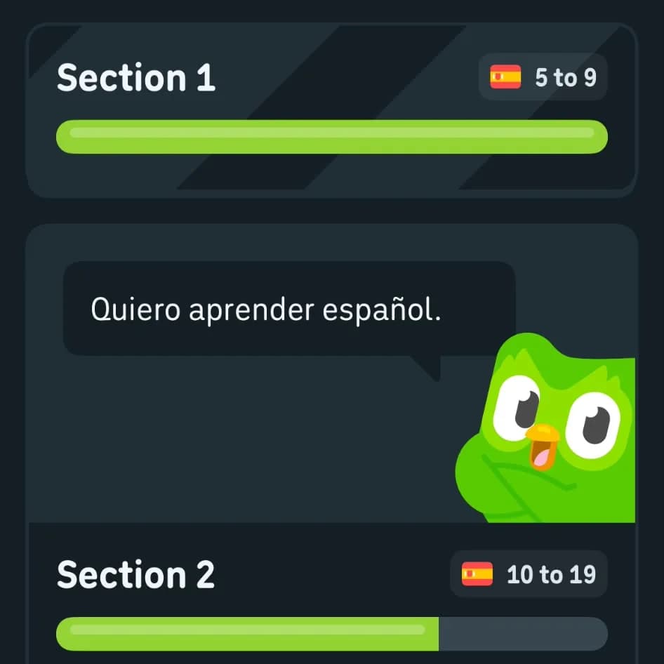 My Duolingo Spanish course overview: Section 1 finished with the score range 5 to 9, Section 2 in progress with 10 to 19, and Duo saying 'Quiero aprender español'