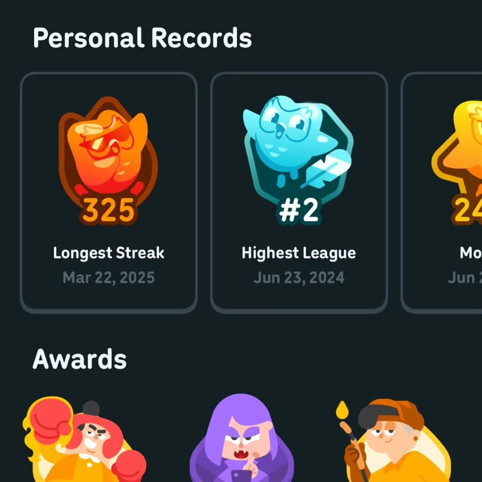 My Duolingo personal records: a longest streak of 325 days dated March 22, 2025, and a highest league finish of number 2