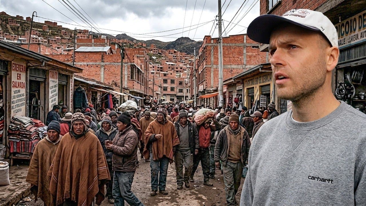 Nick Fisher in a white cap and grey sweatshirt on a packed market street in El Alto, Bolivia, men in brown ponchos and woolly hats walking past red brick houses that climb the hill