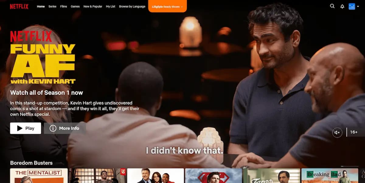 The Netflix homepage in Chrome with an orange Lingopie Ready Shows button added to the top menu, right after Browse by Language