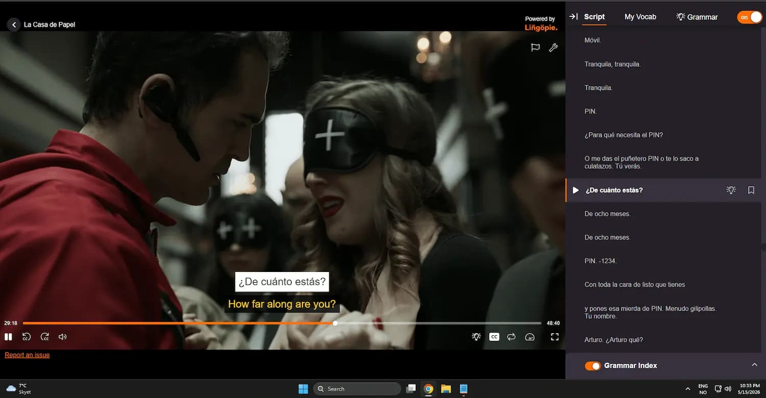 La Casa de Papel playing in Chrome with Lingopie's dual subtitles, ¿De cuánto estás? over How far along are you?, and a Script panel on the right listing the episode's dialogue