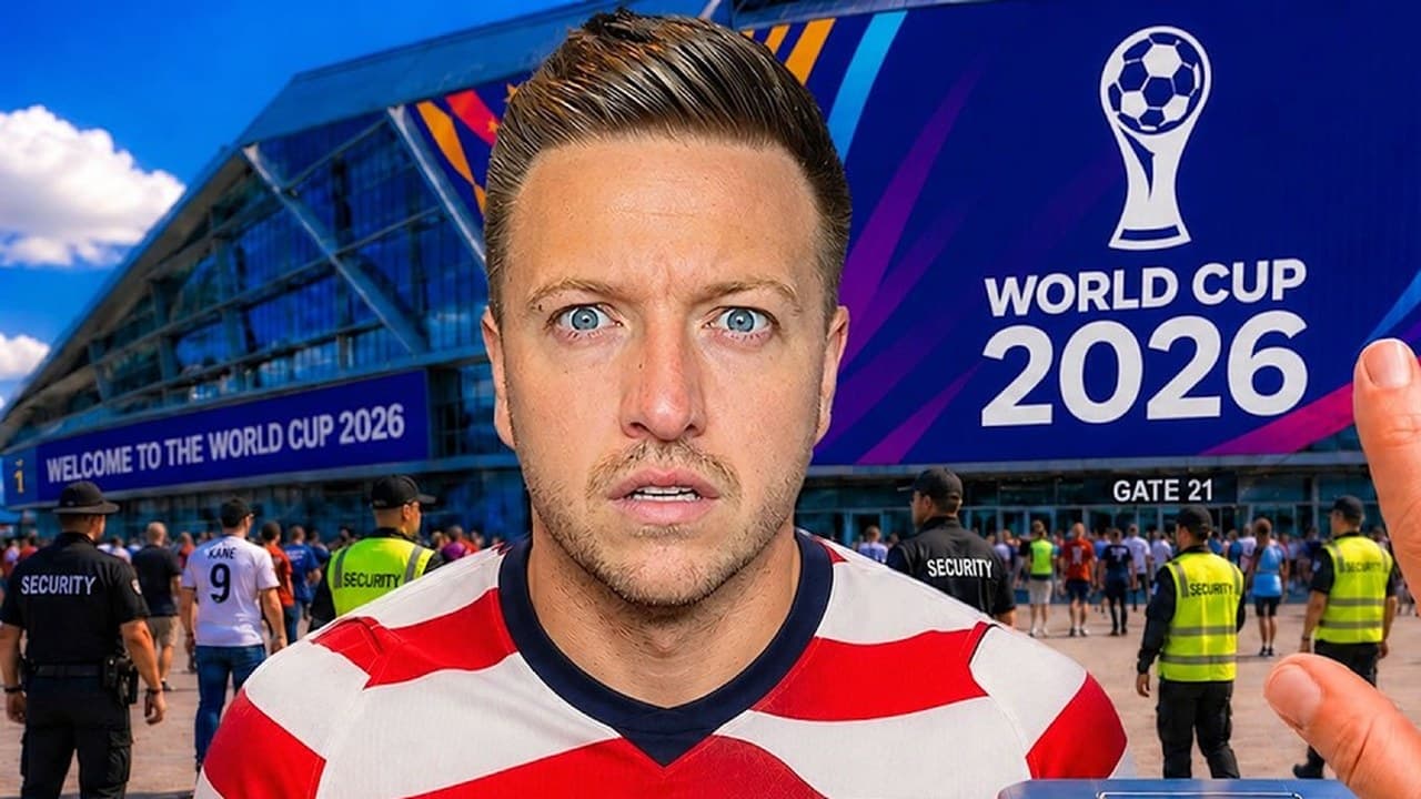 Simon Wilson in a red and white striped USA football shirt, wide-eyed in front of a stadium gate with a big World Cup 2026 banner and security staff behind him