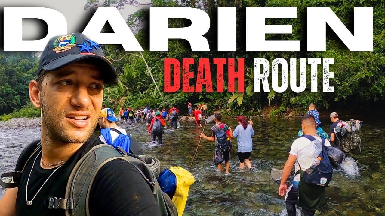 Thumbnail for Timmy Karter's Darién Gap video: Timmy in a cap and backpack in the foreground, a long line of migrants wading through a jungle river behind him, under the words 'Darien Death Route'
