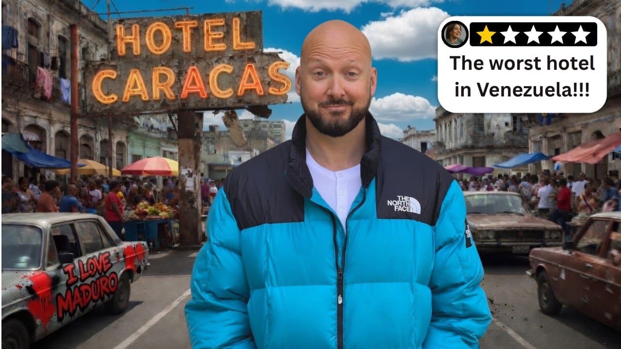 Benjamin Rich, bald with a dark beard and a turquoise puffer jacket, in front of a neon Hotel Caracas sign on a busy street, from the YouTube thumbnail for '24 Hours In Venezuela's Worst Rated Hotel'