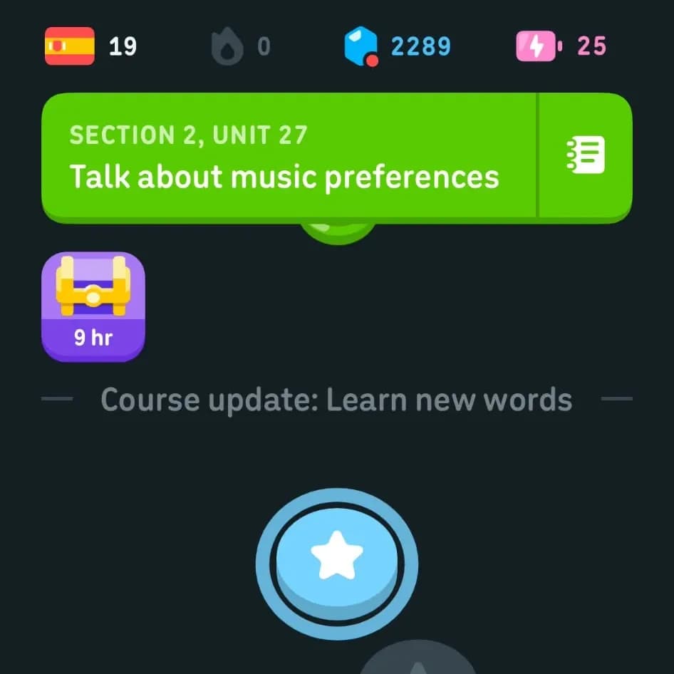 The top of my Duolingo home screen: Spanish score 19, a grey streak flame at 0, 2,289 gems, 25 energy, and the green banner for Section 2, Unit 27